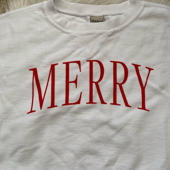 {Pink Lily} MERRY VARSITY WHITE CROPPED CORDED GRAPHIC SWEATSHIRT - Women’s - Picture 4 of 6